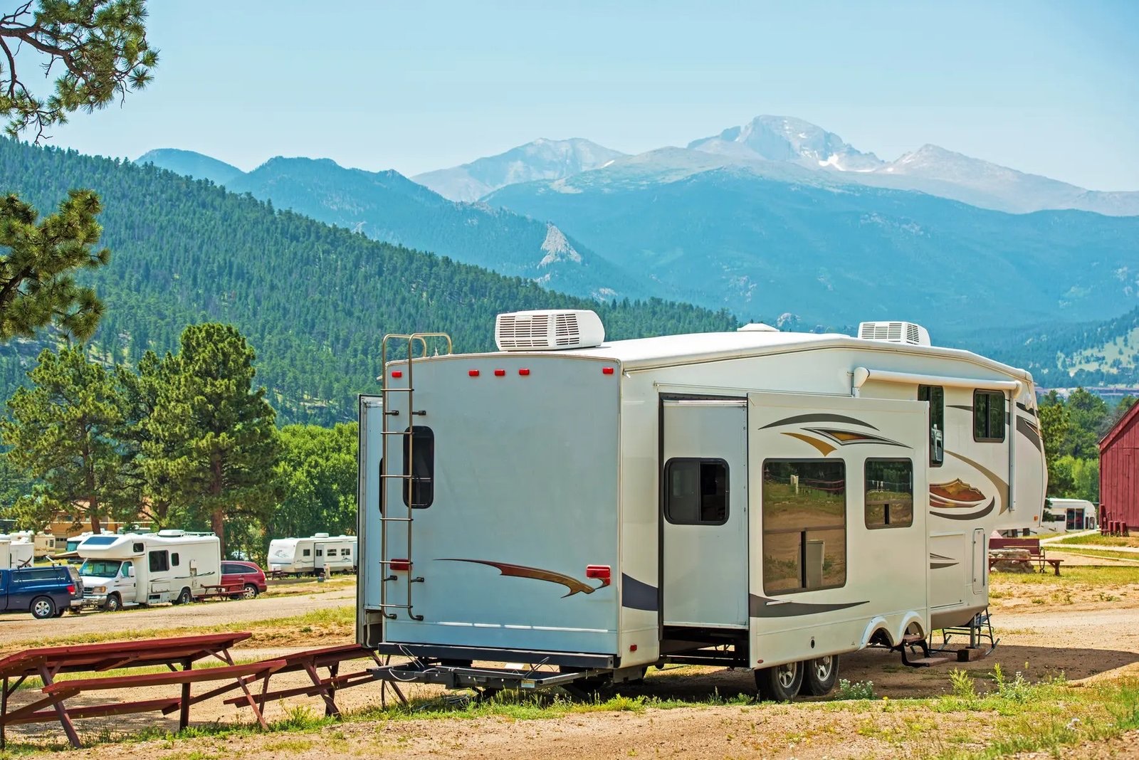 RV parked near a mountain campground